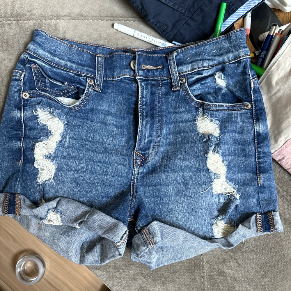 Express distressed high waisted jeans shorts, size small